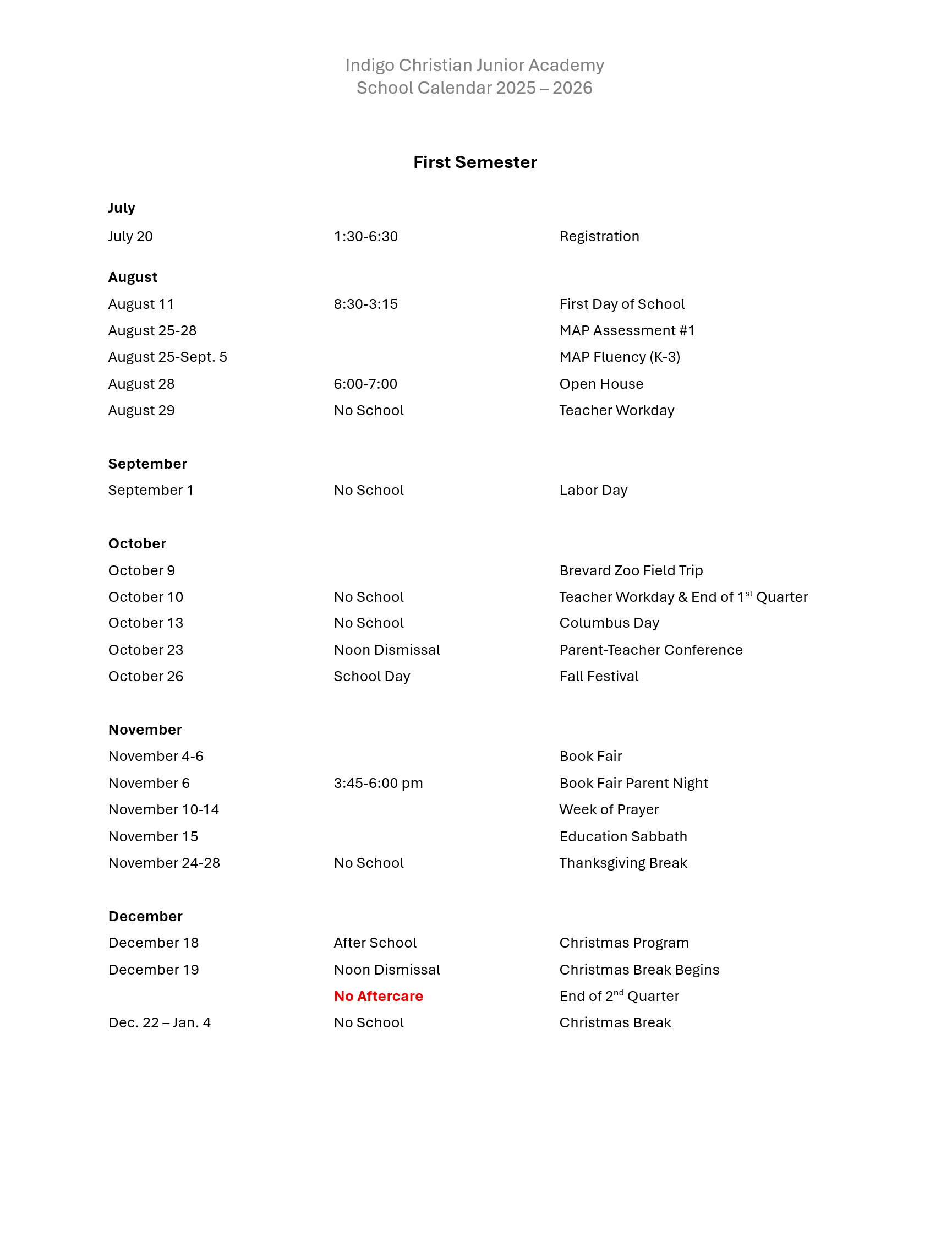 1st Semester Calendar