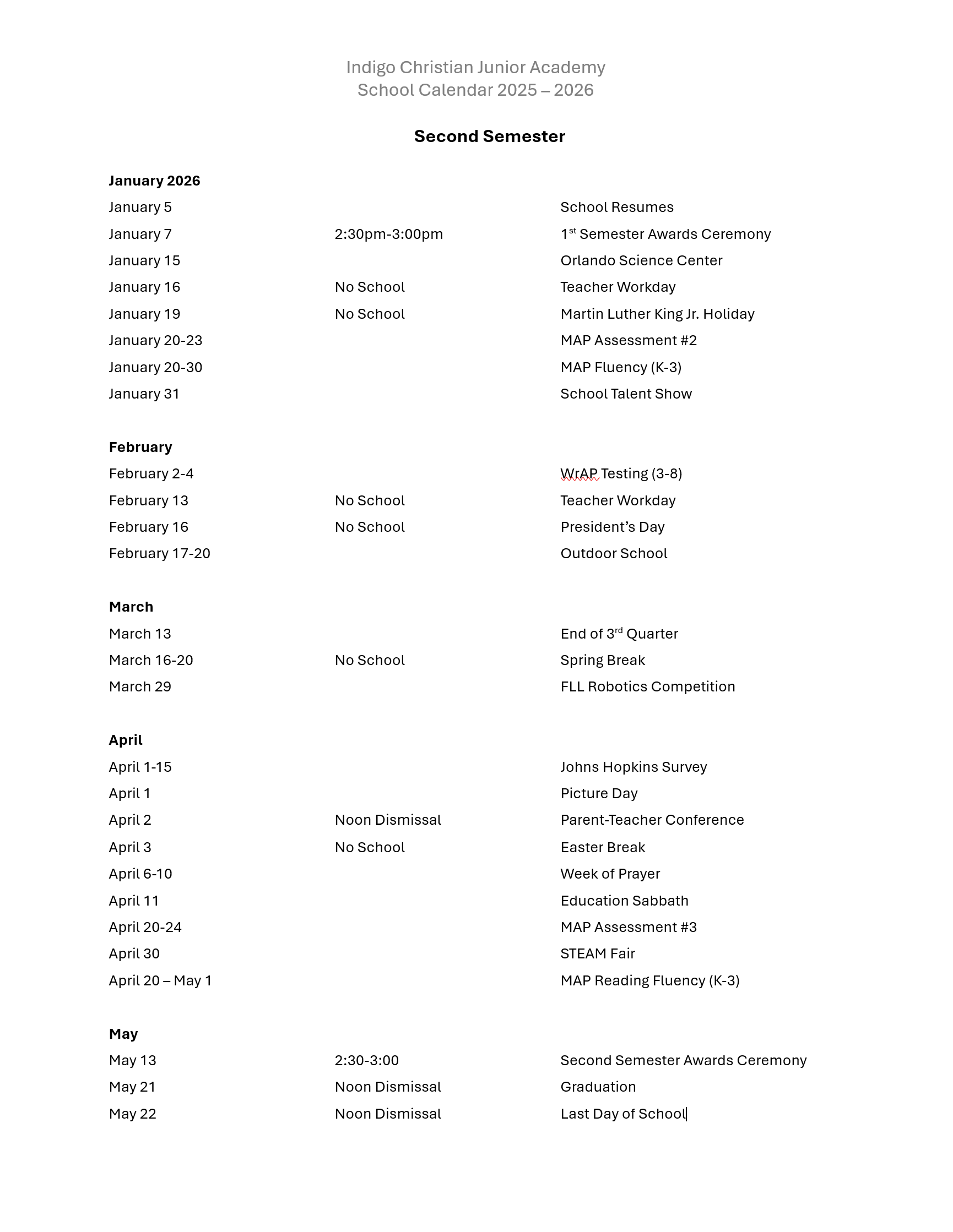 2nd Semester Calendar