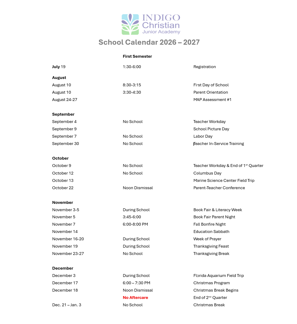 Indigo Christian Junior Academy school calendar for 2026–2027 with monthly events and notable dates (No School, Parent Nights, field trips).