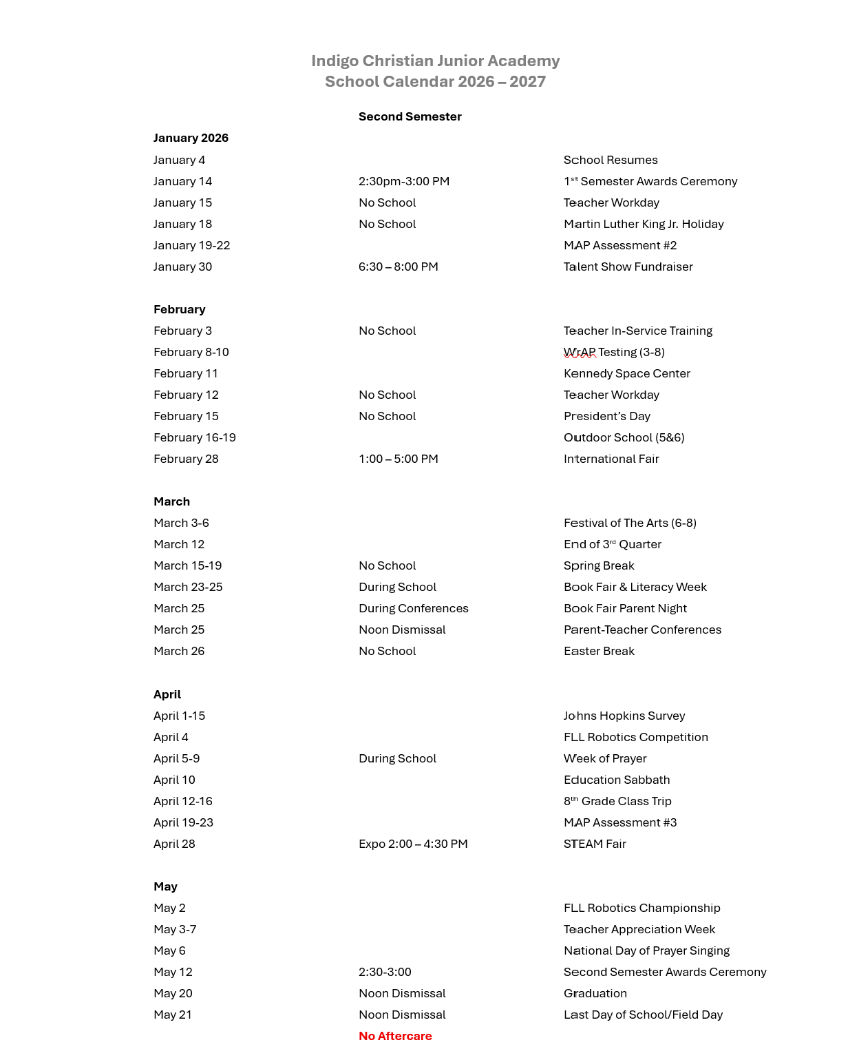School calendar page for Indigo Christian Junior Academy 2026–2027, January–May, listing dates and events in three columns.
